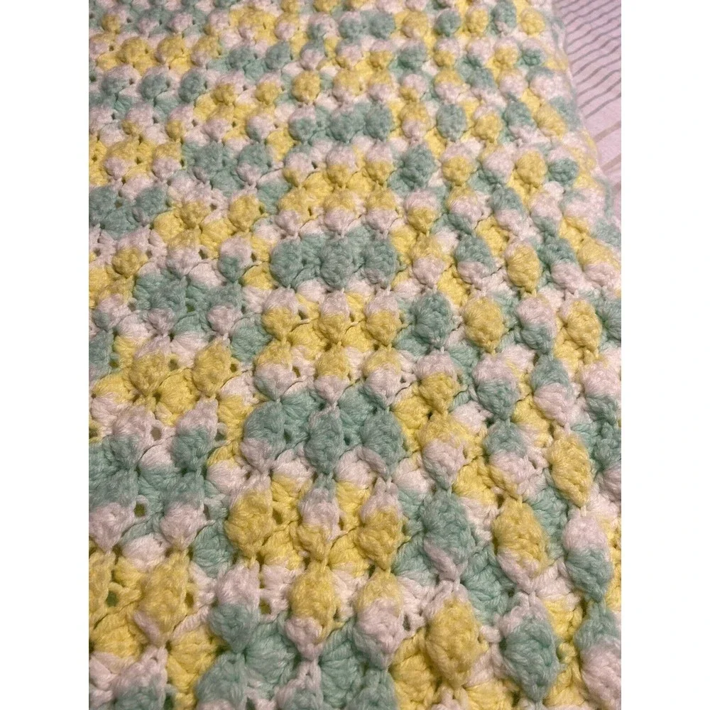 Vtg Handmade Crochet Yellow Green White Afghan Lap Crib Blanket Throw 32” x 65”